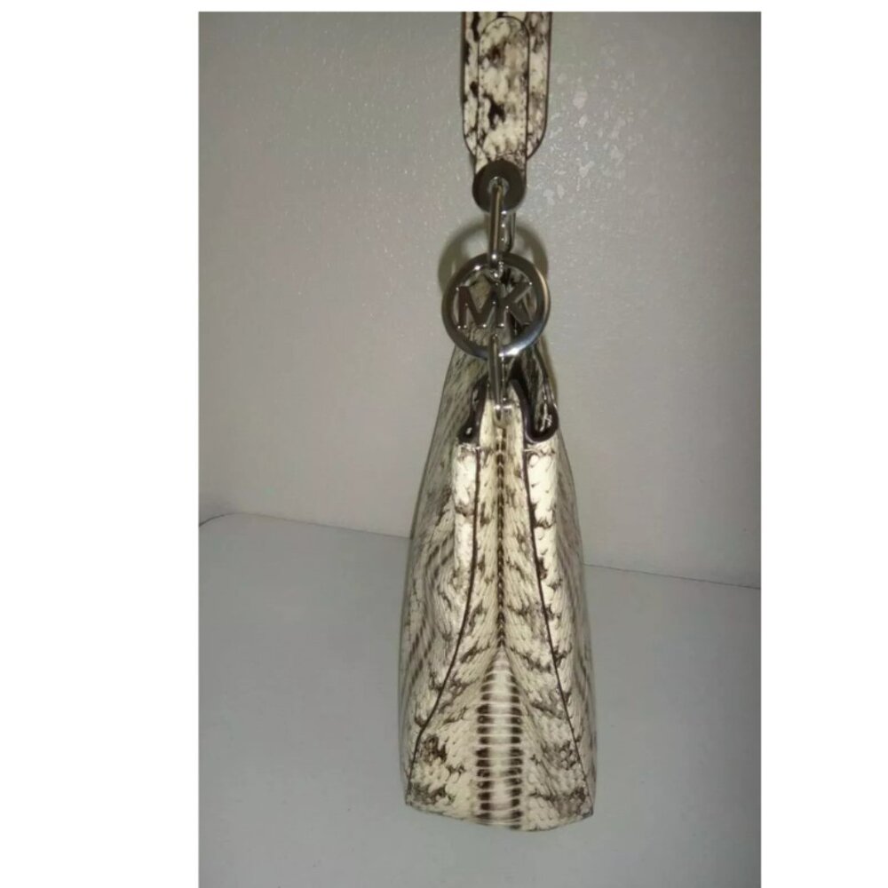 Michael Kors Women's Black/White FULTON Embossed Leather Hobo Shoulder Bag - Picture 3 of 8